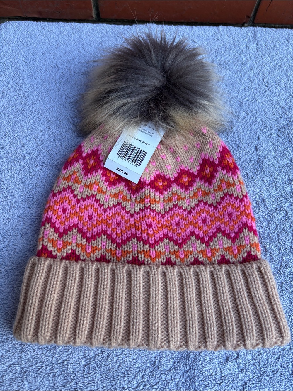 Pom Pom Knit Beanie - Pink Multicolor with Beige Cuff - Picture 7 of 7